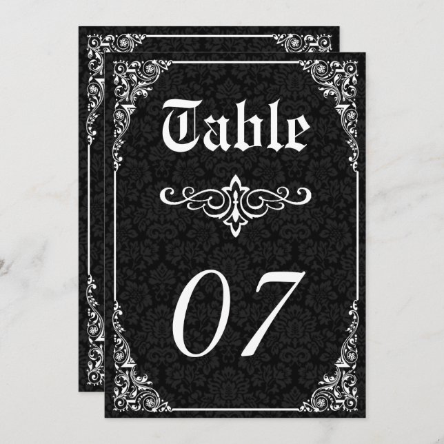 Numéro de table de mariage en damas victorien goth (Devant / Derrière)