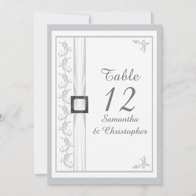 Numéro de table de mariage en damassé gris et blan (Devant)
