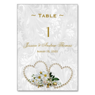 Numéro de table de mariage en damassé Pearl Hearts