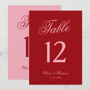 Numéro de table de mariage en écriture rose rouge