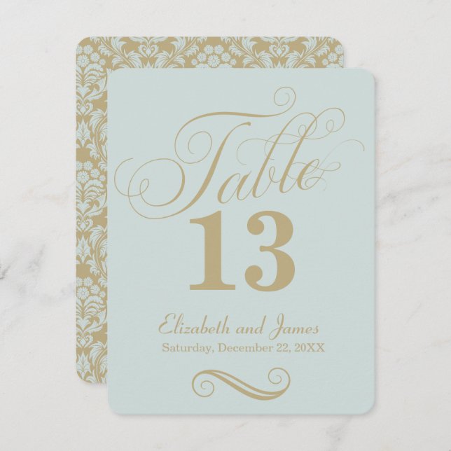 Numéro de table de mariage en or bleu moderne écri (Devant / Derrière)