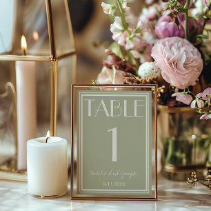 Numéro de table de mariage en vert poussiéreux et
