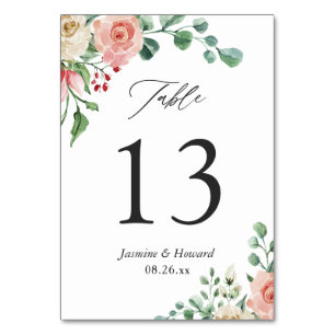 Numéro de table de mariage floral rose aquarelle