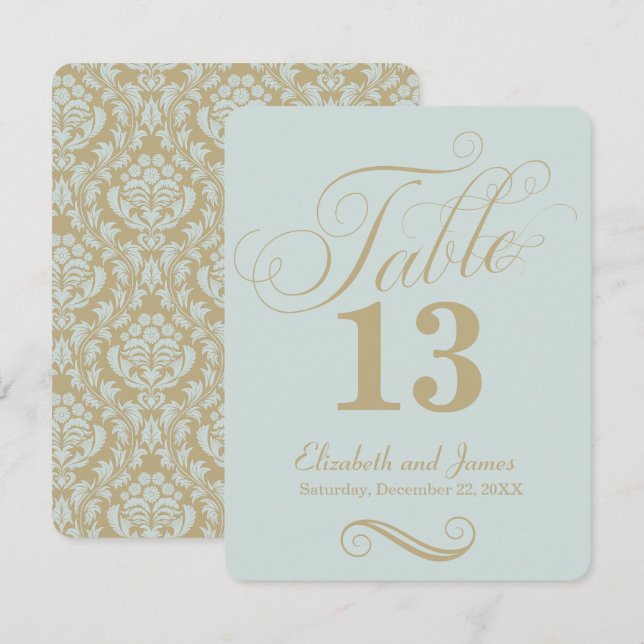 Numéro de table de mariage moderne bleu or script (Devant / Derrière)