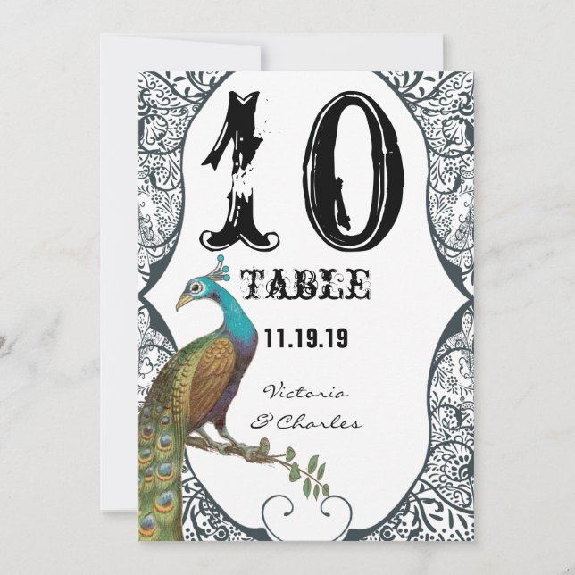 Numéro de table de mariage Navy Whimsical Paon Lov (Devant)