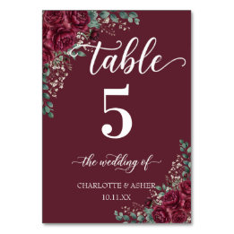 Numéro de table de mariage Rose Bourgogne Eucalypt