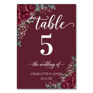 Numéro de table de mariage Rose Bourgogne Eucalypt