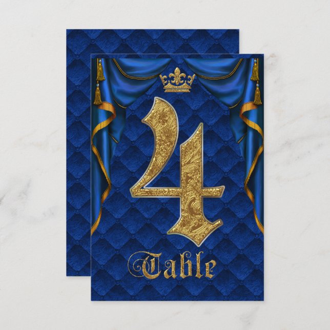 Numéro de table de mariage Royal Blue Gold Crown 4 (Devant / Derrière)