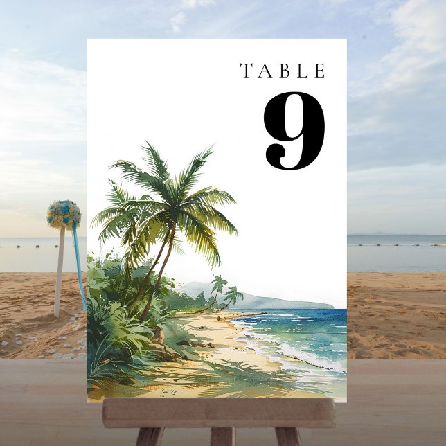 Numéro de table de plage tropicale à l'aquarelle m (Modern Watercolor Tropical Beach Table Number)