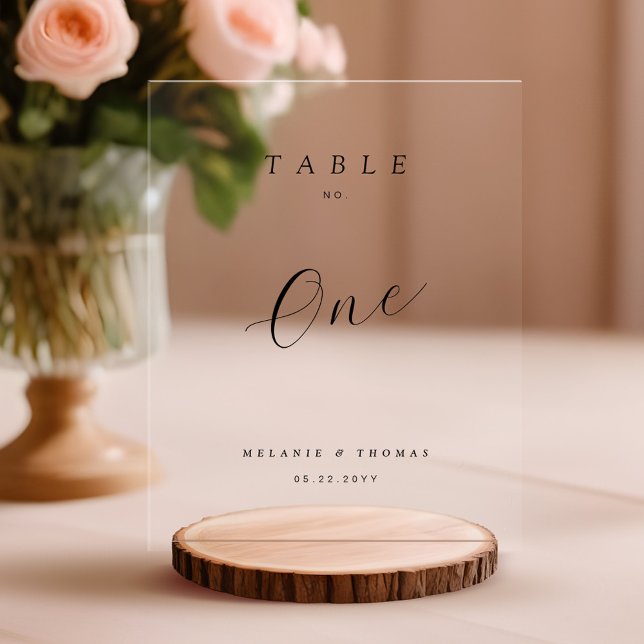 Numéro de table de script noir élégant minimal Mar (Minimal Wedding Elegant Black Script Table Number Acrylic Sign)