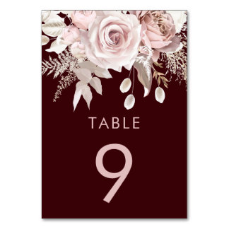 Numéro De Table Deep Burgundy & Blush Floral Wedding Reception