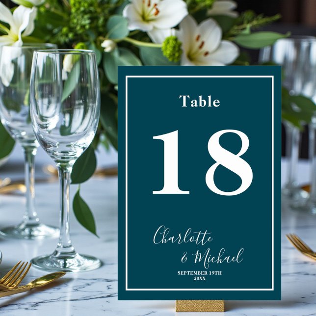 Numéro De Table Deep Teal Script Minimalist Wedding (Créateur téléchargé)