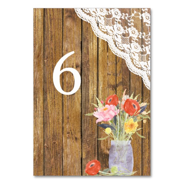 Numéro De Table Dentelle bois Mason Jar Mariage Floral Table (Par défaut)
