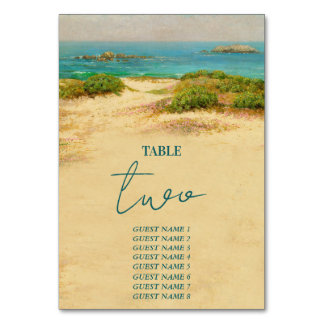 Numéro De Table Destination de mariage côtier plage aquarelle