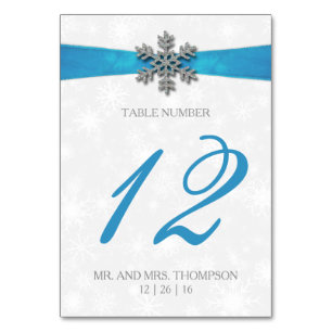 Numéro De Table Diamante Snowflake & Blue Ribbon Mariage d'hiver