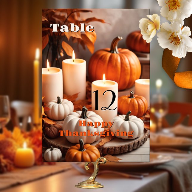 Numéro De Table Dîner d'action de grâces aux couleurs Citrouilles (Table number card featuring a colorful scene with pumpkins and candles - Thanksgiving or birthday)