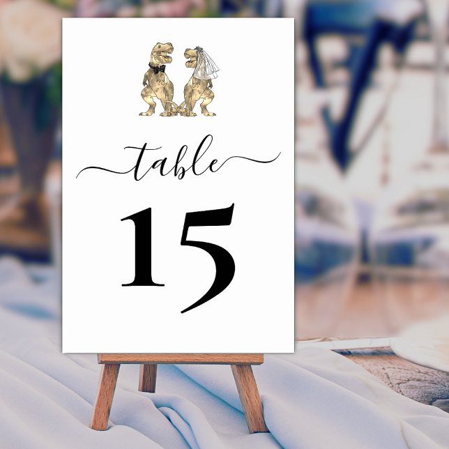 Numéro De Table Dinosaur thème Mariage noir et blanc (Dinosaur wedding black and white custom table number card T-Rex bride & groom elegant modern script)