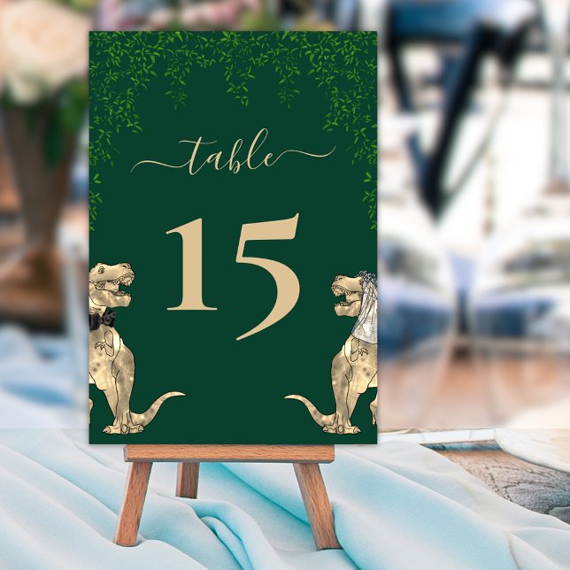 Numéro De Table Dinosaur thème Mariage Vert (Dinosaur themed dark green wedding table number cards  Jurassic T-Rex bride and groom eucalyptus )