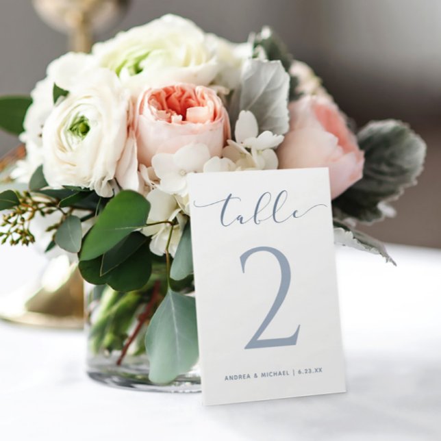 Numéro De Table Dusty Blue Calligraphy Bouncy Modern Mariage (Dusty Blue 3.5x5 table numbers)