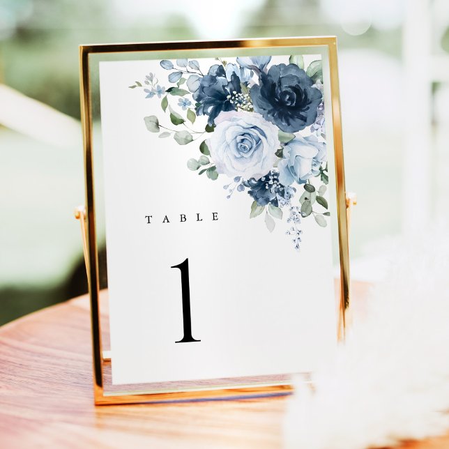 Numéro De Table Dusty Blue Navy Floral Wedding Table Number Card (Dusty blue floral wedding table number card in gold frame, elegant modern reception decor)