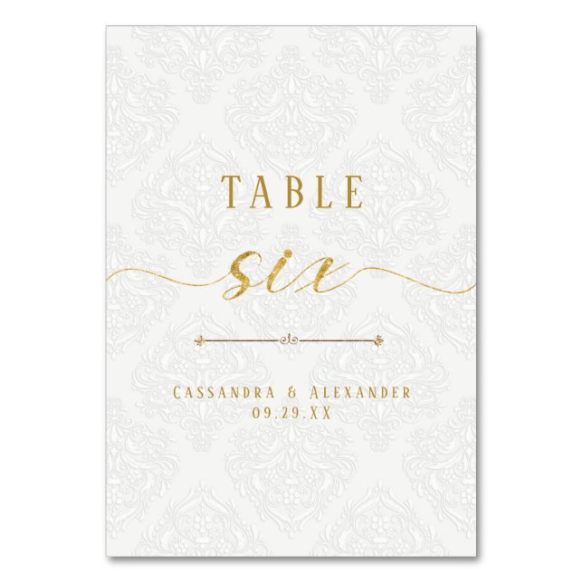 Numéro De Table Écriture Élégante Broderie Blanche Or 6 Six Mariag (Par défaut)