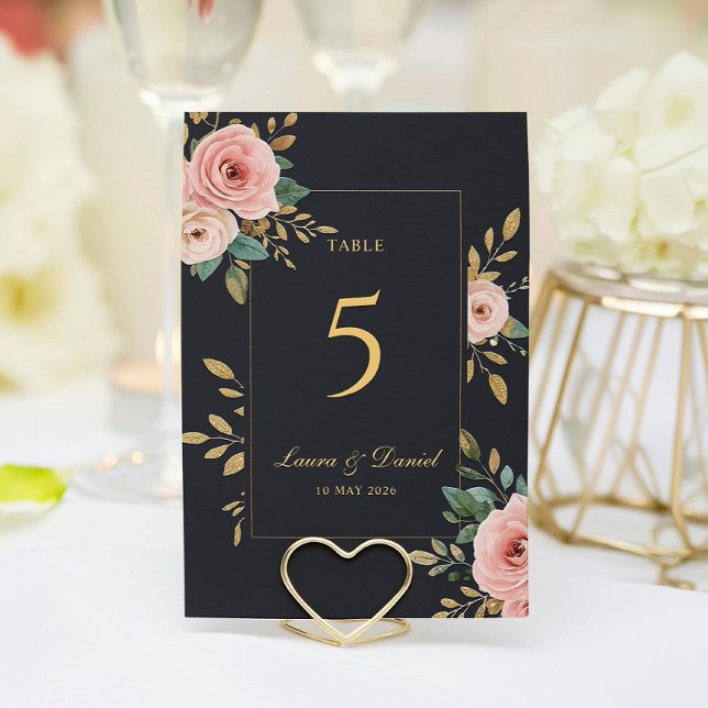 Numéro De Table Elegant Black & Gold Roses Wedding Table Number (Créateur téléchargé)