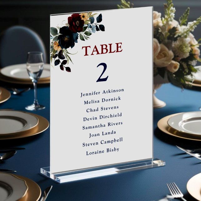 Numéro De Table Elégant bleu marine bordeaux fleurs mariage (Créateur téléchargé)