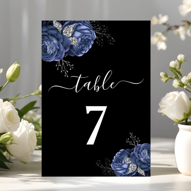 Numéro De Table Élégant bleu noir floral (Elegant Black Blue Floral Table Number)