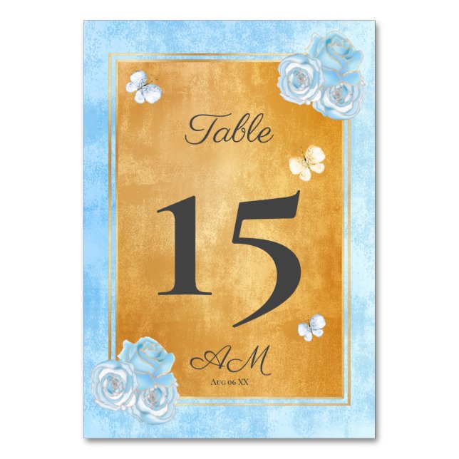 Numéro De Table Élégant Blue Gold Roses papillons Quinceañera (Par défaut)