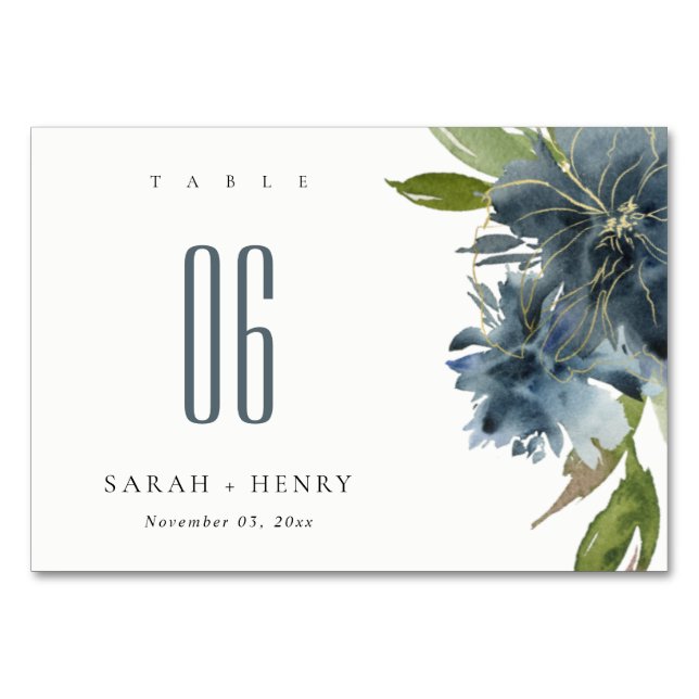 NUMÉRO DE TABLE ELÉGANT BLUE VERT OR FLORAL EAU MARIAGE (Devant)