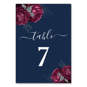 Numéro De Table Élégant Burgundy Red Navy Blue Floral Peonies