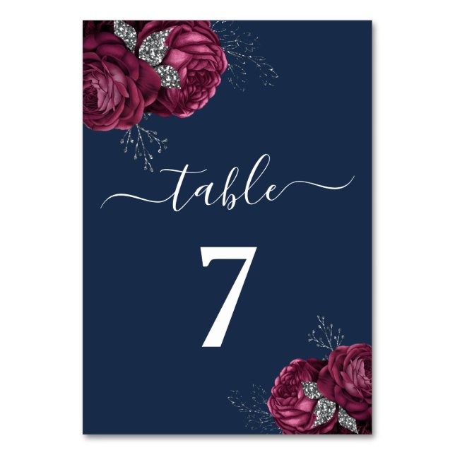 Numéro De Table Élégant Burgundy Red Navy Blue Floral Peonies (Par défaut)