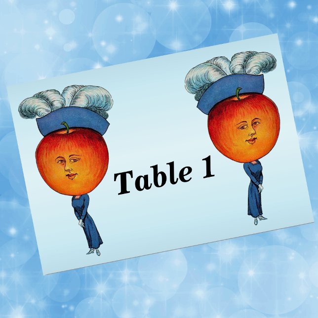 Numéro De Table Élégant Casquette de plume de la tête de pomme (Elegant Lady red Apple head with face fancy blue feather hat on light blue event table number cards.)