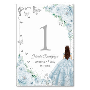 Numéro De Table Élégant Chic Bébé Roses Bleues Argent Quinceanera