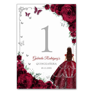 Numéro De Table Élégant Chic Roses Bourguignon Quinceanera Argenté