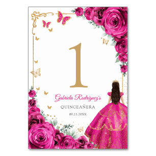 Numéro De Table Élégant Chic Roses Fuchsia Rose Or Quinceanera