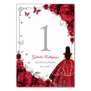 Numéro De Table Élégant Chic Roses Rouges Quinceanera Argentée