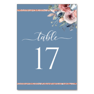 Numéro De Table Elégant Dusty Blue et Rose Gold Mariage