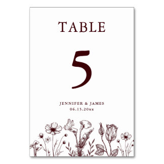 Numéro De Table Elegant Floral Burgundy Wedding