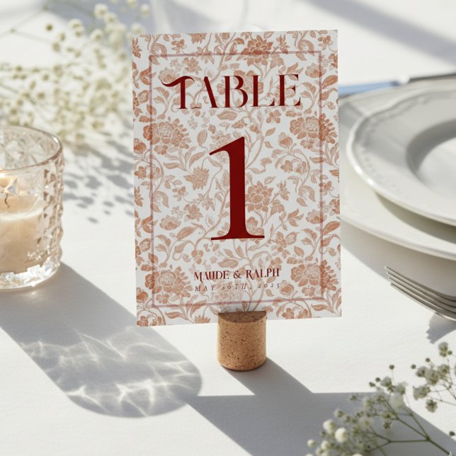 Numéro De Table Elegant Floral Toile Script Red Wedding  (Guide guests to their seats using these Elegant Floral Toile Script Red Wedding Table Number! )