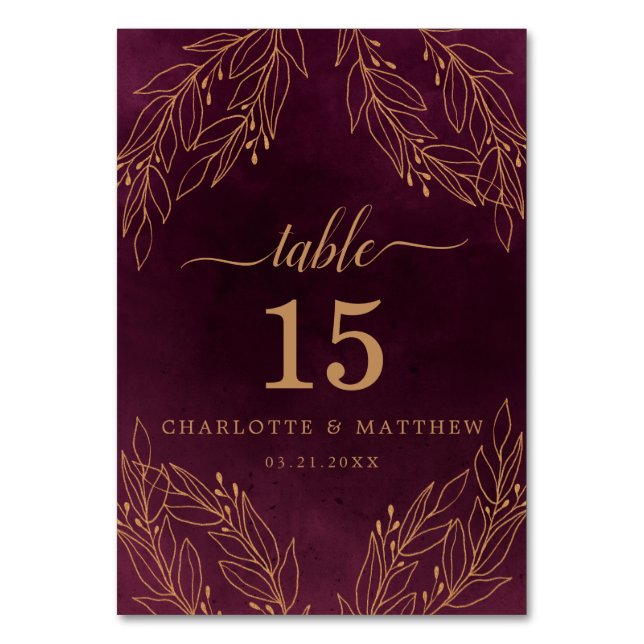Numéro De Table Élégant Mariage botanique de Bourgogne et d'or (Par défaut)