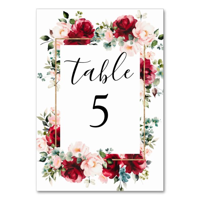 Numéro De Table Elégant Mariage d'aquarelle rose bordeaux et bleu (Par défaut)