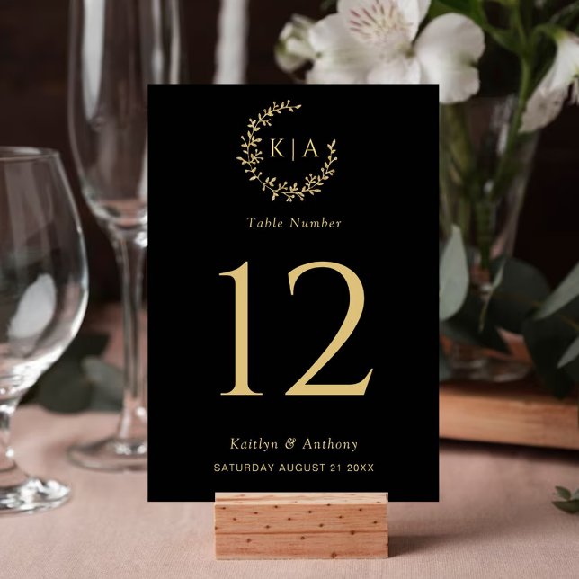 Numéro De Table Élégant Mariage de couronne de monogramme noir et  (Créateur téléchargé)