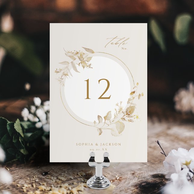 Numéro De Table Élégant Mariage de couronnes florales botaniques e (Elegant Gold Botanical Floral Wreath Wedding Table Number)