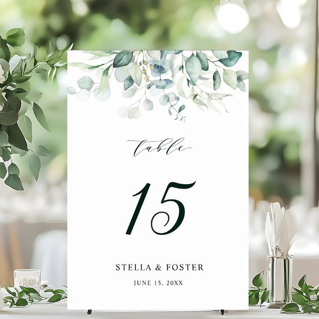 Numéro De Table Elégant Mariage de feuillage vert aquarelle (Créateur téléchargé)