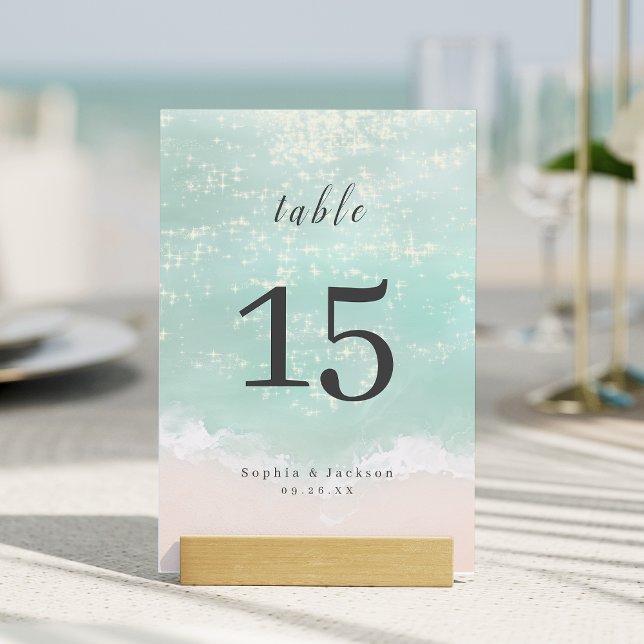 Numéro De Table Élégant mariage de plage océanique pétillant abstr (Elegant abstract sparkling ocean beach wedding table number)