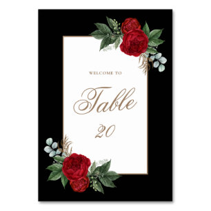 Numéro De Table Élégant Mariage encadré rouge Floral noir & or