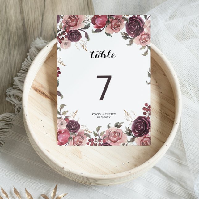 Numéro De Table Élégant Mariage floral d'été de Bourgogne (Créateur téléchargé)