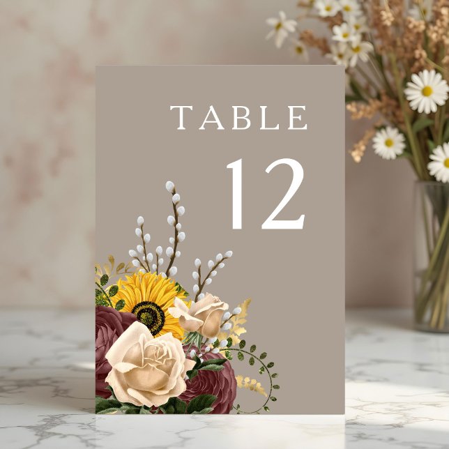 Numéro De Table Élégant Mariage floral Taupe (Elegant Taupe Floral Wedding Table Number)