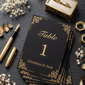 Numéro De Table Élégant Mariage Noir et Or Orné de Rinceaux